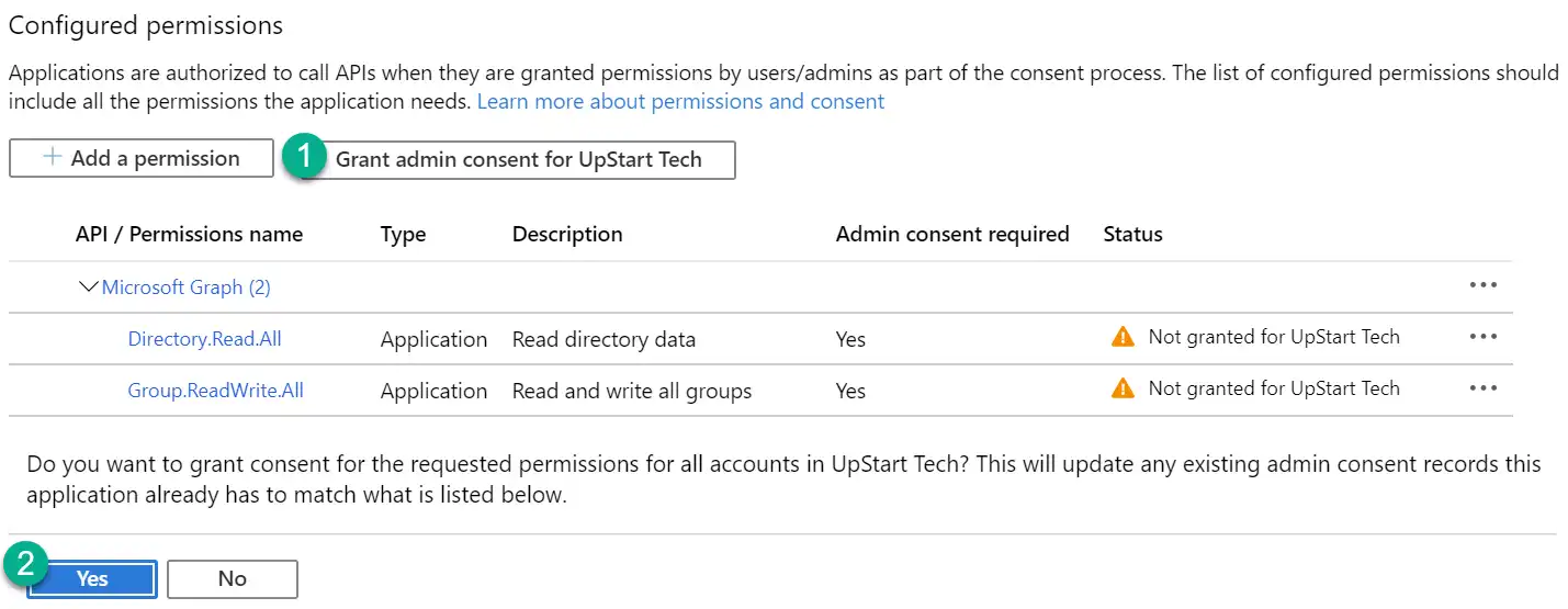 Granting admin consent for permissions