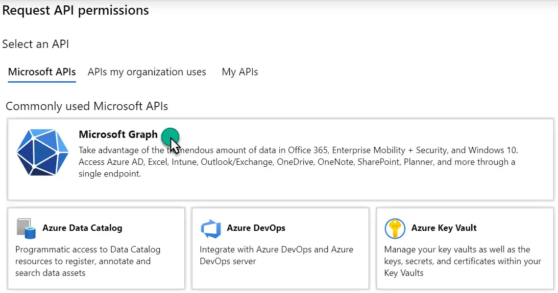 Selecting the Microsoft Graph permissions