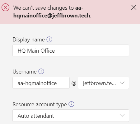 Error when creating resource account in Teams admin center