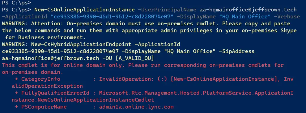 Error running New-CsonlineApplicationInstance for creating auto attendants and call queues