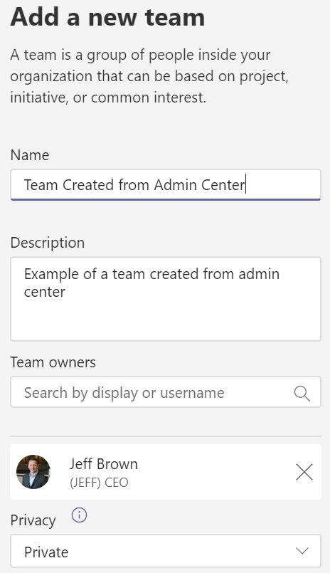 Create a Microsoft team in the Teams admin center