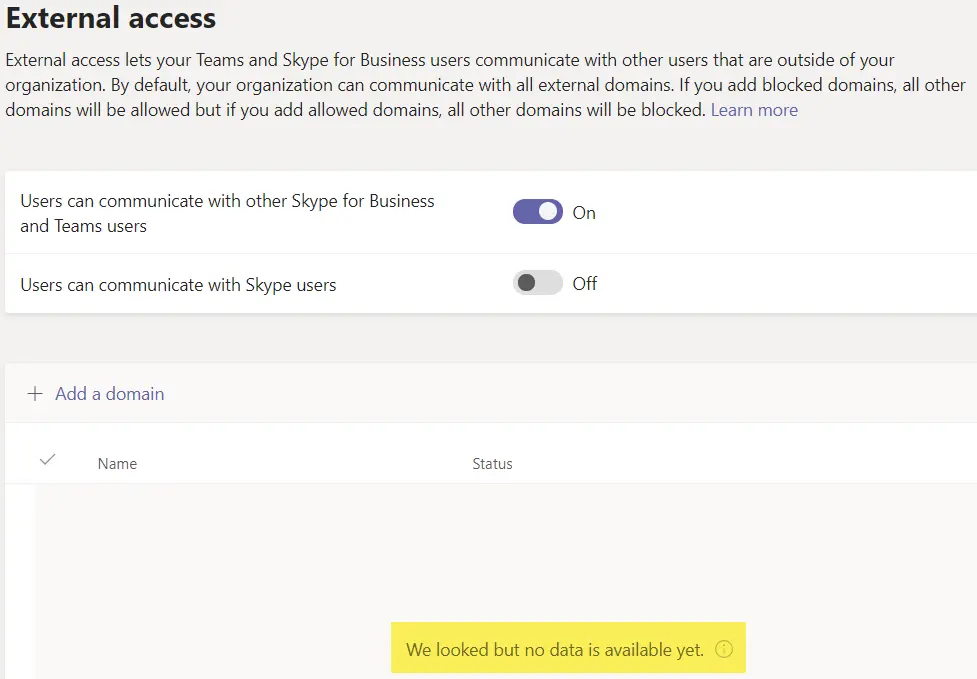 microsoft teams empty external access domain list