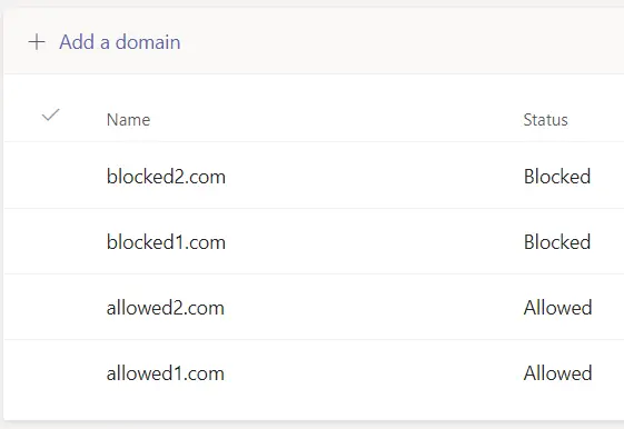 Teams admin center does not stop from adding both blocked and allowed domains.