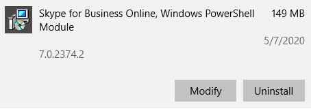 Uninstall the Skype for Business Online PowerShell module in Add/Remove Programs