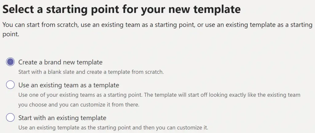 Selecting microsoft teams templates starting point