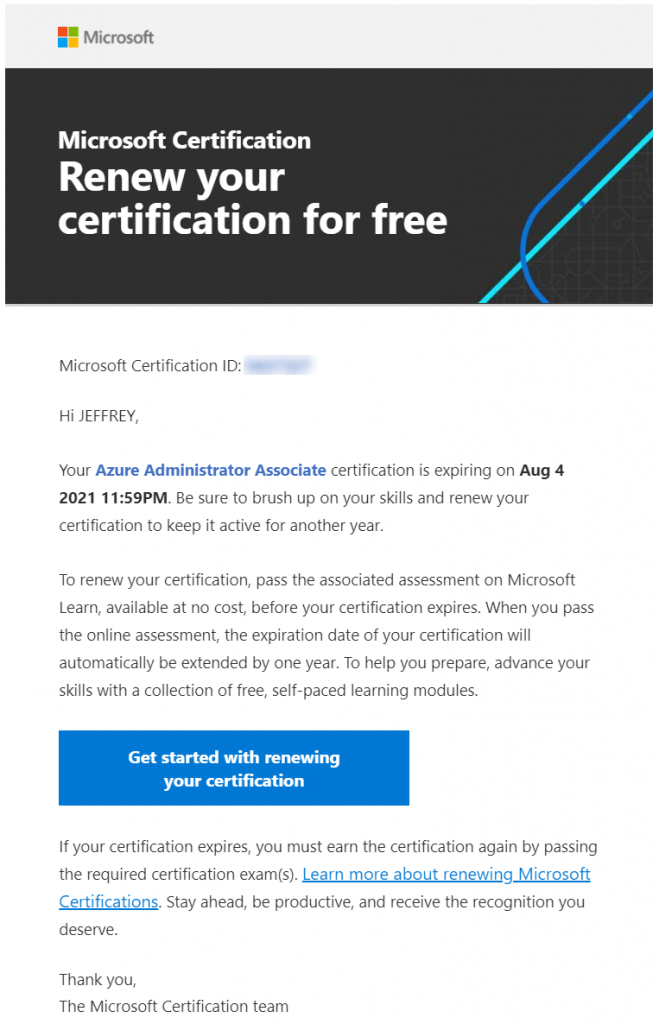 microsoft certification renewal email