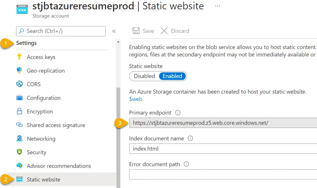 Viewing storage account static website URL