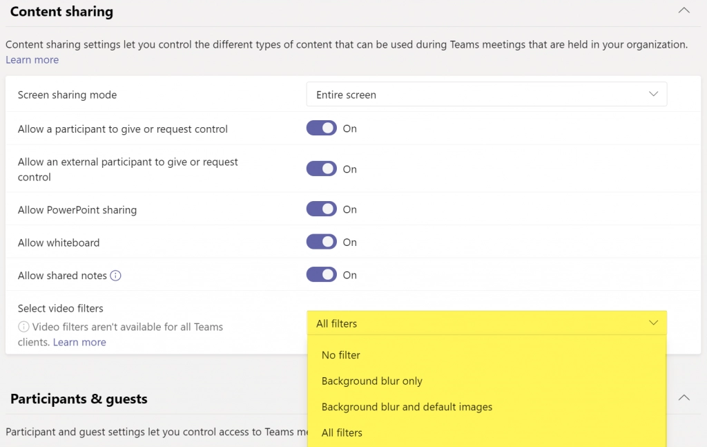 Microsoft Teams background options in meeting policy in admin center