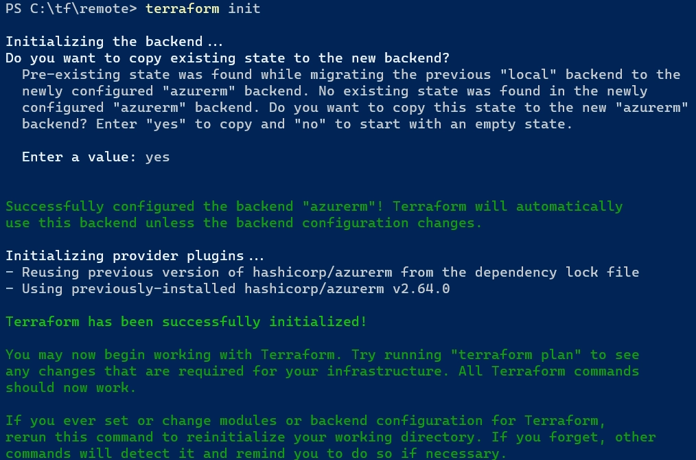 Running terraform init to move the state file to Azure