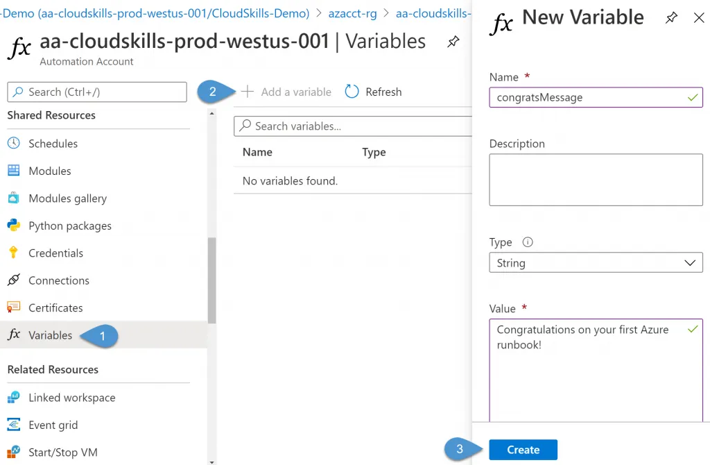 azure automation runbook variable