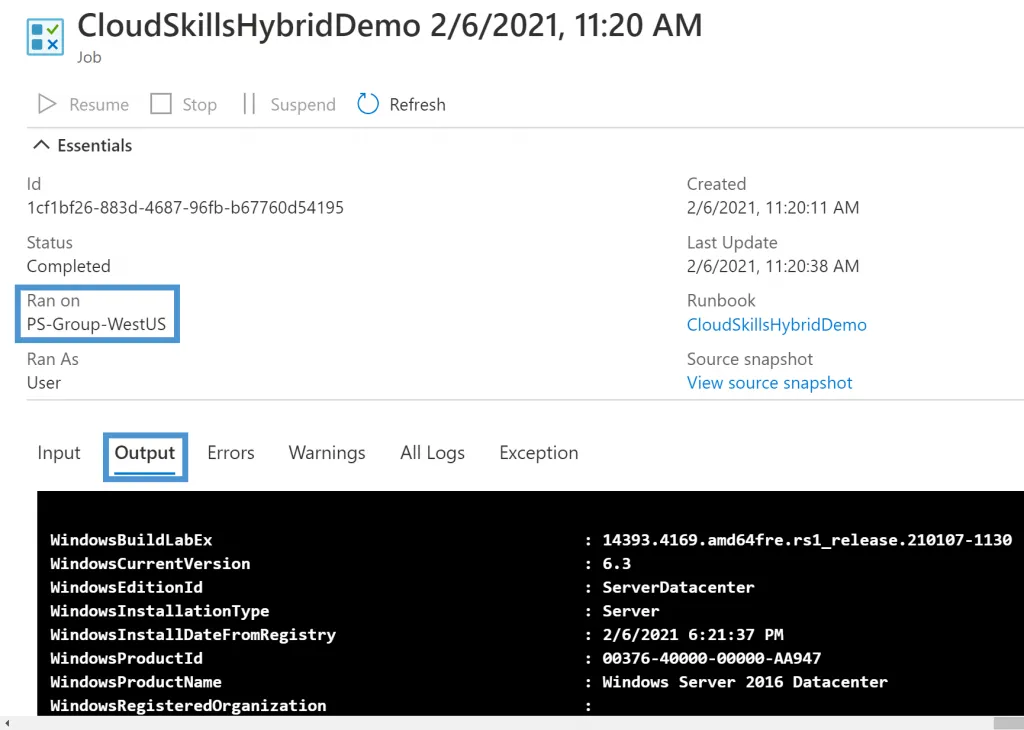 azure automation hybrid worker runbook output