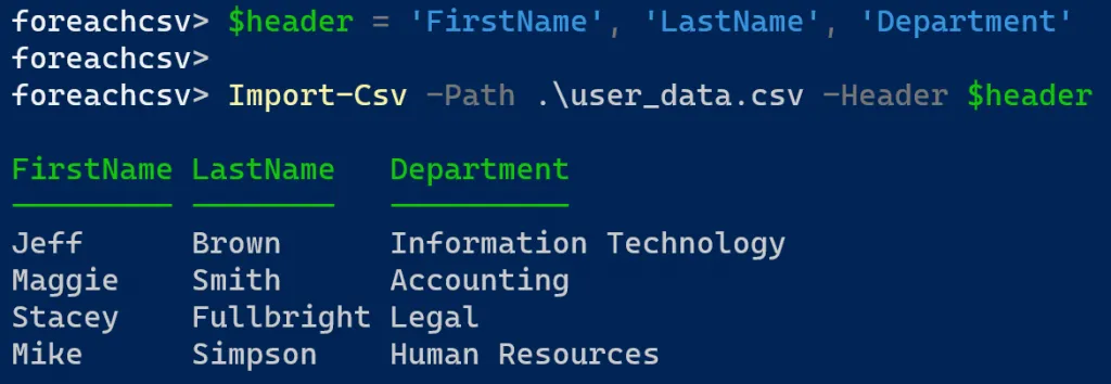 powershell import-csv with headers